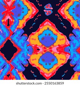 Motif D'Image vectorielle Ikat Rhombus. Impression géométrique Ogee. Néon bleu et rouge sur Black Wet Vintage Tie Dye Ornament. Tapis Vibrant Motif Chevron.  Aquarelle Batik Design harmonieux. Abstrait Ethnique Kilim. 