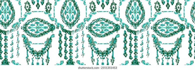 Rhombus Ikat Vector Pattern. Ogee Geometric Print. Vibrant Carpet Rug Chevron Motif.  Teal and Blue Wet Vintage Tie Dye Ornament. Watercolor Batik Seamless Design. Abstract Ethnic Kilim. 
