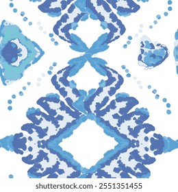 Rhombus Ikat Vector Pattern. Ogee Geometric Print. Watercolor Batik Seamless Design. Vibrant Carpet Rug Chevron Motif.  Wet Vintage Tie Dye Ornament. Abstract Ethnic Kilim.  Blue and Indigo