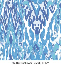 Motif D'Image vectorielle Ikat Rhombus. Impression géométrique Ogee. Tapis Vibrant Motif Chevron.  Aquarelle Batik Design harmonieux. Abstrait Ethnique Kilim.  Vintage Tie Dye Ornament Humide. Bleu et indigo