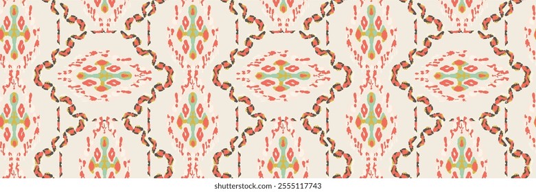 Rhombus Ikat Vector Pattern. Ogee Geometric Print. Watercolor Batik Seamless Design. Wet Vintage Tie Dye Ornament. Abstract Ethnic Kilim.  Gold, Beige and Green Vibrant Carpet Rug Chevron Motif. 