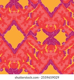 Rhombus Ikat Vector Pattern. Ogee Geometric Print. Vibrant Carpet Rug Chevron Motif.  Wet Vintage Tie Dye Ornament. Watercolor Batik Seamless Design. Red and Yellow Abstract Ethnic Kilim. 