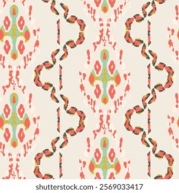 Rhombus Ikat Vector Pattern. Ogee Geometric Print. Abstract Ethnic Kilim.  Vibrant Carpet Rug Chevron Motif.  Watercolor Batik Seamless Design. Gold, Beige and Green Wet Vintage Tie Dye Ornament.