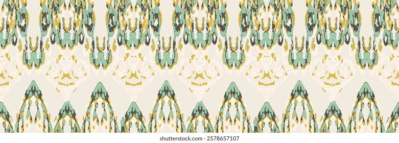 Rhombus Ikat Vector Pattern. Ogee Geometric Print. Abstract Ethnic Kilim.  Vibrant Carpet Rug Chevron Motif.  Watercolor Batik Seamless Design. Wet Vintage Tie Dye Ornament. Gold, Beige and Green