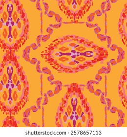 Rhombus Ikat Vector Pattern. Ogee Geometric Print. Watercolor Batik Seamless Design. Vibrant Carpet Rug Chevron Motif.  Wet Vintage Tie Dye Ornament. Red and Yellow Abstract Ethnic Kilim. 