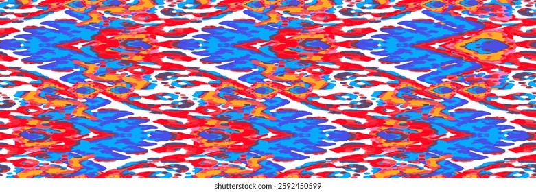 Rhombus Ikat Vector Pattern. Ogee Geometric Print. Watercolor Batik Seamless Design. Neon Blue and Red on White Wet Vintage Tie Dye Ornament. Abstract Ethnic Kilim.  Vibrant Carpet Rug Chevron Motif. 
