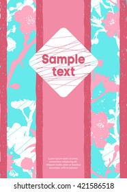 rhombus labeled sample text on a background of flowers and strips. Pink, blue and white