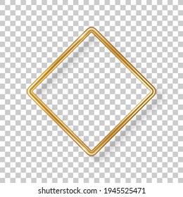 Rhombus luxury 3d gold frame isolated on transparent background. Vector illustration. Wedding label, square badge, bronze metallic wire speech bubble for motivational quotes, luxury realistic border