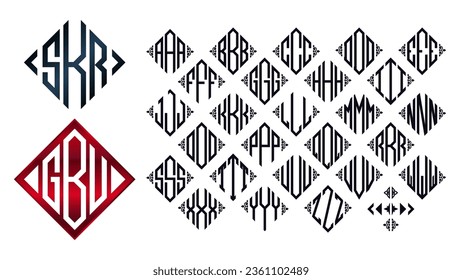 Rhombus Monogram 3-Letters Alphabet Font Logo Logotype Embroidery