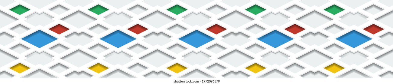 Rhombus mosaic white panorama background. 3D Futuristic Realistic geometric mesh cells texture. Abstract white wallpaper with colorful rhomb-shaped grid. Vector illustration.