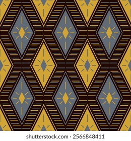 Rhombus motif ikat fabric print vector seamless pattern folk design. Patchwork trendy geo ornament. Beautiful rhombus shapes texture. Template doodle scrap textured elements.