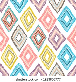 Rhombus paint brush seamless pattern. Abstract baby background with rhombus brush strokes. Curtain pattern. Hand drawn doodle texture. Vector stock illustration