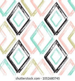 Rhombus Paint Brush Strokes Seamless pattern. Colorful Abstract Grunge Vector background