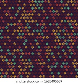 Rhombus pattern. Scatter. Noise backdrop. Seamless pattern. Variety of rhombuses in bright colors. Colorful background for decoration or printing on fabric. Outline backdrop for pattern fills.