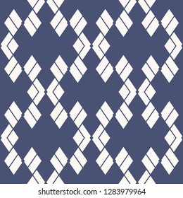 Rhombus pattern. Vector abstract geometric seamless ornament. Dark blue and white texture with diamonds, rhombuses, rectangles, grid, mesh. Simple minimal background. Repeat design for carpet, textile