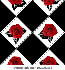 rhombus pop art beautiful red roses seamless pattern, vector square illustration valentines, love