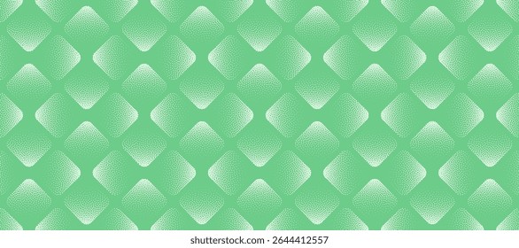 Rhombus with rounded edges grid pattern abstract vector graphic wide background in light green shade. Panoramic layout combines halftone pointillist effect with clean geometric flow and freshness vibe