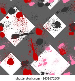 Rhombus seamless pattern with chaotic stains, dots.