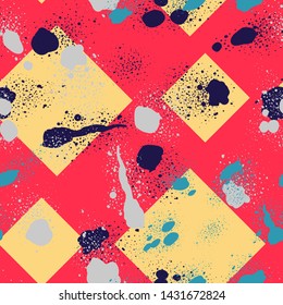 Rhombus seamless pattern with chaotic stains, dots.