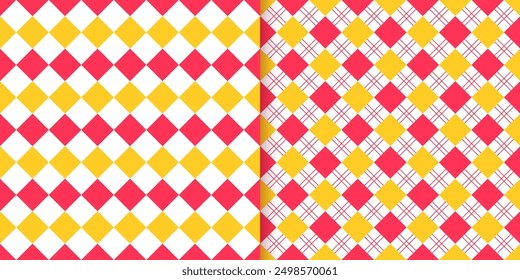 Rhombus seamless pattern. Checkered lozenge print. Diagonal plaid textures with red and yellow squares. Set of modern geometric backdrop. Argyle diamond background. Vector illustration.