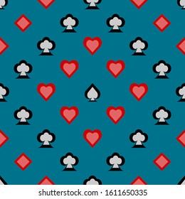 Rhombus seamless pattern of four card suits on a blue background. Flat vector illustration.