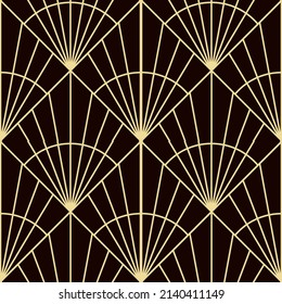 Rhombus seamless pattern with golden lines. Art deco style with fan. Black abstract print. Geometric shape. Editable stroke. Vector stock illustration