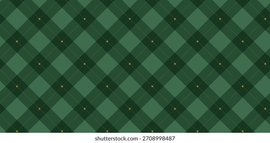  Patrón de rombo sin fisuras. Textura a cuadros de Navidad con línea dorada y estrellas. Patrón abstracto de diamante geométrico de argyle verde. Ilustración vectorial aislada sobre fondo verde.