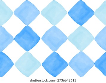 Rhombus Seamless Vector Pattern. Blue Watercolor Rhombus Isolated On a White Background. Hand Drawn Irregular Checkered Geometric Pattern With Various Blue Squares. Ideal For Fabric, Textile.	RGB.
