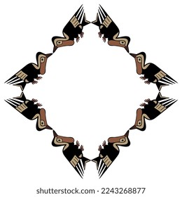 Rhombus shape animal frame with stylized birds. Ethnic folk style. Ancient Peruvian tribal motif of Nazca Indians.