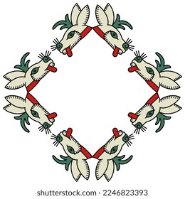 Rhombus shape animal frame with stylized heads of deer or hare. Ethnic native American design of Aztec Indians from Mexican codex.