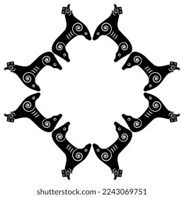 Rhombus shape design or frame with fantastic animals or griffins. Ancient Viking folk motif. Black and white silhouette.