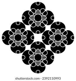 El Rhombus forma un diseño floral con cuatro flores estilizadas de forma cruzada. Ornamento geométrico gótico medieval. Silueta blanca y negra.