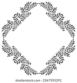 Rhombus shape floral frame with leaf branches. Black silhouette on white background.