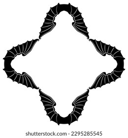 Rhombus shape frame with bat wings. Halloween Goth design. Black and white silhouette. 