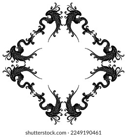 
Rhombus shape frame with fantastic dragons. Black and white silhouette.