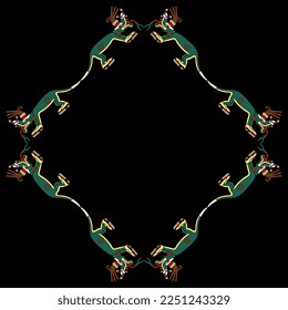 Rhombus shape frame with fantastic monster animals. Native American art of Aztec Indians from Mexican codex. On black background.