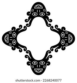 Rhombus shape frame with four tribal masks. Funny face. Ethnic design of Nazca Indians from ancient Peru. Black and white silhouette.