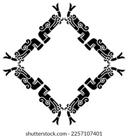 Rhombus shape frame with stylized heads of snake or dragon with forked tongue. Native American animal design of Aztec Indians from Mexican codex. Black and white silhouette.