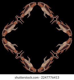 Rhombus shape rounded frame with stylized fish. Native American animal design of Maya Indians. On black background.