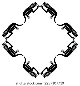 Rhombus shape square animal frame with fantastic animals. Native American design of Aztec Indians from Mexican codex. Black and white silhouette.