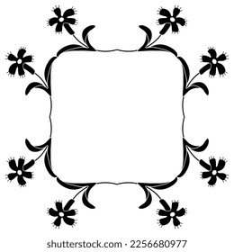 Rhombus shape square floral frame with stylized wild flowers. Folk style. Black and white negative silhouette. Isolated vector illustration.