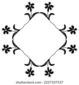 Rhombus shape square floral frame with stylized wild flowers. Folk style. Black and white negative silhouette. Isolated vector illustration.