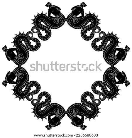 Rhombus shape square frame with ancient Greek mermaids or sirens. Fantastic female character. Scylla or Nereid. Women with fish tails. Black and white silhouette.