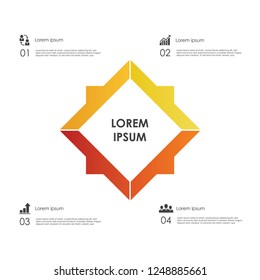 Rhombus shaped chart with 4 elements, pictograms and numbered text boxes. Four service options to choose concept. Infographic design template. Vector illustration for website menu