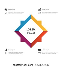 Rhombus shaped chart with 4 elements, pictograms and numbered text boxes. Four service options to choose concept. Infographic design template. Vector illustration for website menu