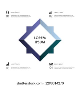 Rhombus shaped chart with 4 elements, pictograms and numbered text boxes. Four service options to choose concept. Infographic design template. Vector illustration for website menu