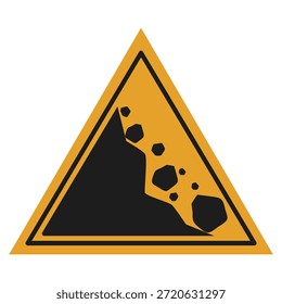Rombo en forma de caída de roca o señal de advertencia de deslizamiento de tierra. Ilustración vectorial. Deslizamiento de tierra por desastre natural con barro y Rock que se derrumban por una pendiente. El Rock cae por el acantilado. Caída de roca. Caída de rocas y deslizamiento de tierra. 