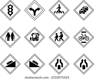 Rombo Em Forma De Sinais De Estrada. Ícones de vetor. Semáforo, Garfo, Passarela, Engarrafamento, Idosos, Ônibus Escolar, Descida e Ascensão Íngremes e Mais