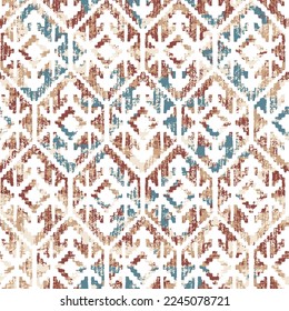 Rhombus and square ethnic geometric textured pattern on white background. Red, beige and blue geometric pattern for textile, wallpaper, wrapping and home decor.