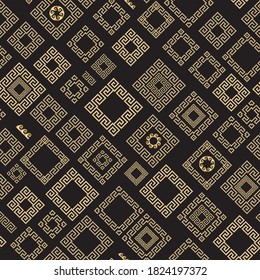 Rhombus and squares from golden Greek meander chains on black background. Baroque silk textile seamless pattern print, Batik fashion ornament, wallpaper, wrapping. 10 pattern brushes in the palette